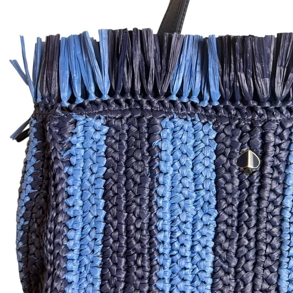Kate Spade Sam Stripe Straw Medium Satchel Blue - Picture 4 of 16